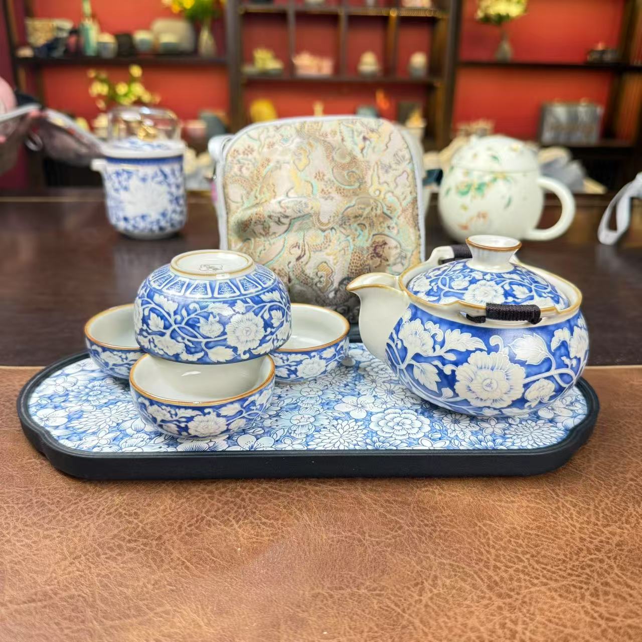 亦言堂元青花手抓壶一壶四杯带茶盘