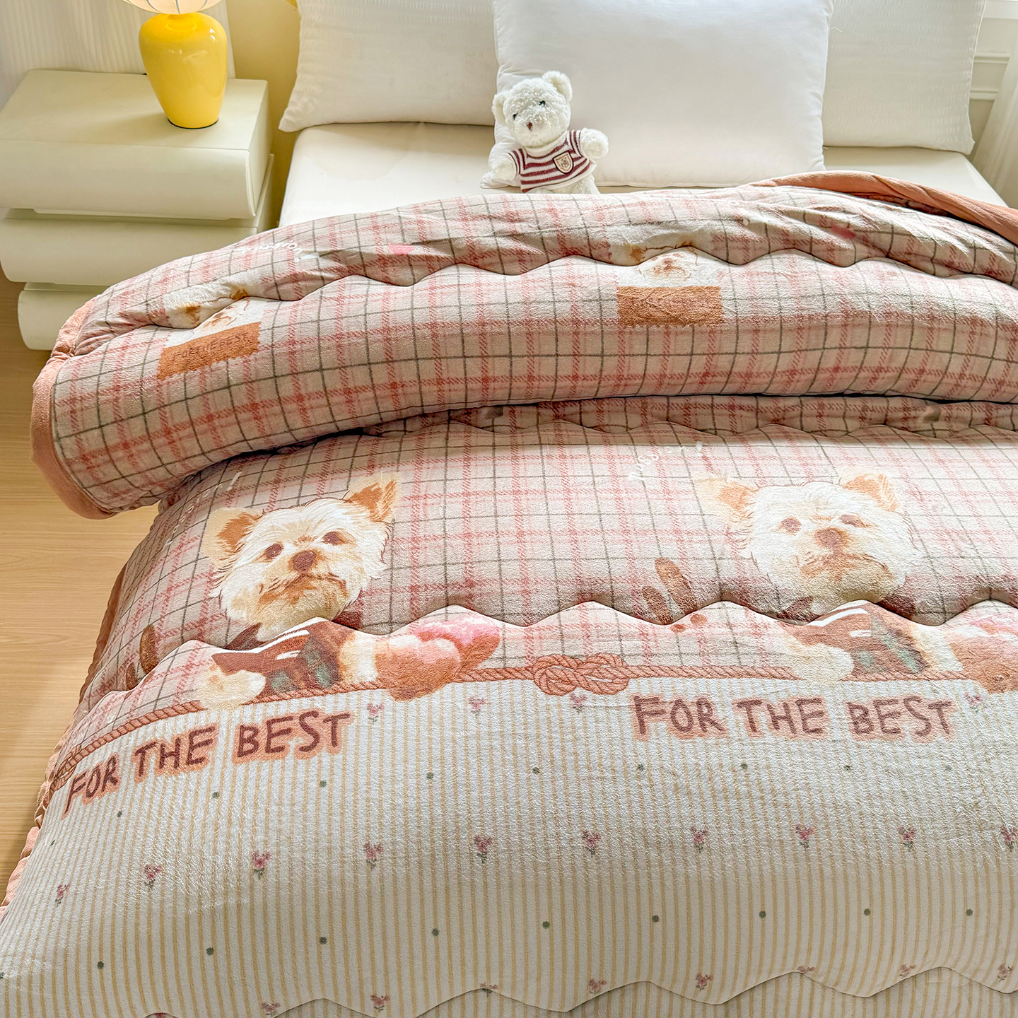 2025新款双面绒印花格子小狗被春秋被1