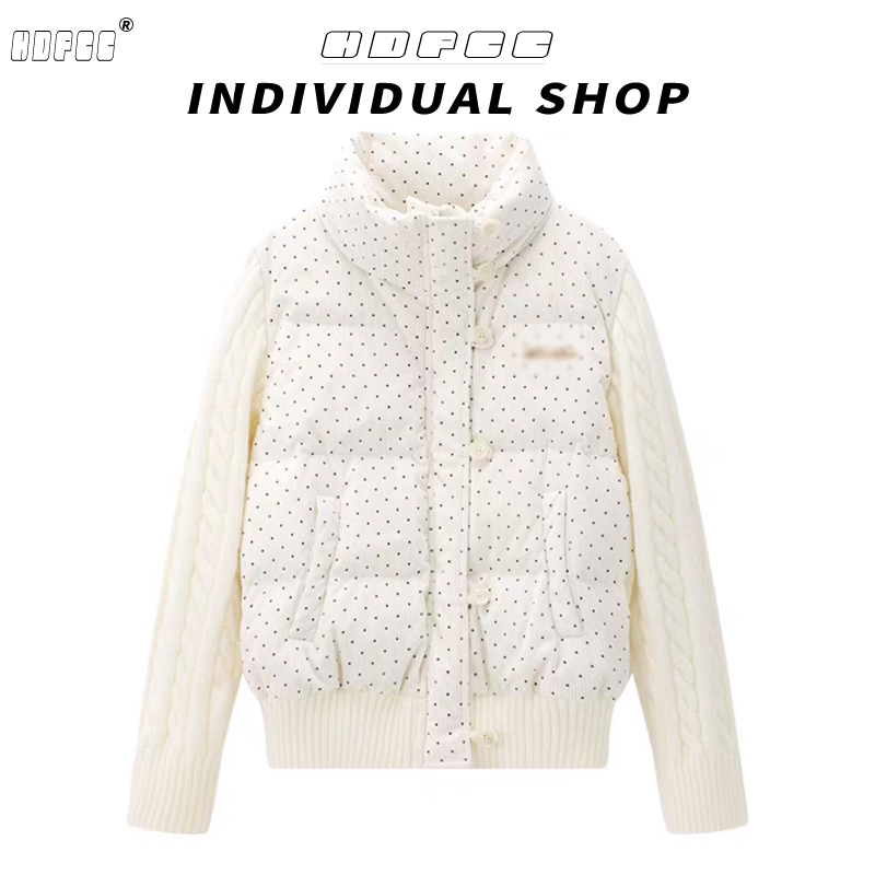韩系波点拼接立领棉服外套女2025冬季新款修身显瘦加厚保暖棉衣潮