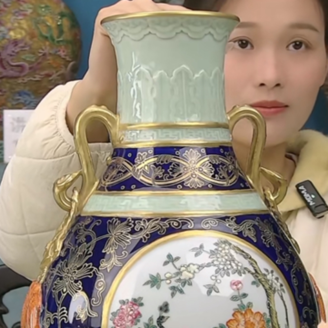 古玩/收藏清豆青霁蓝双耳尊