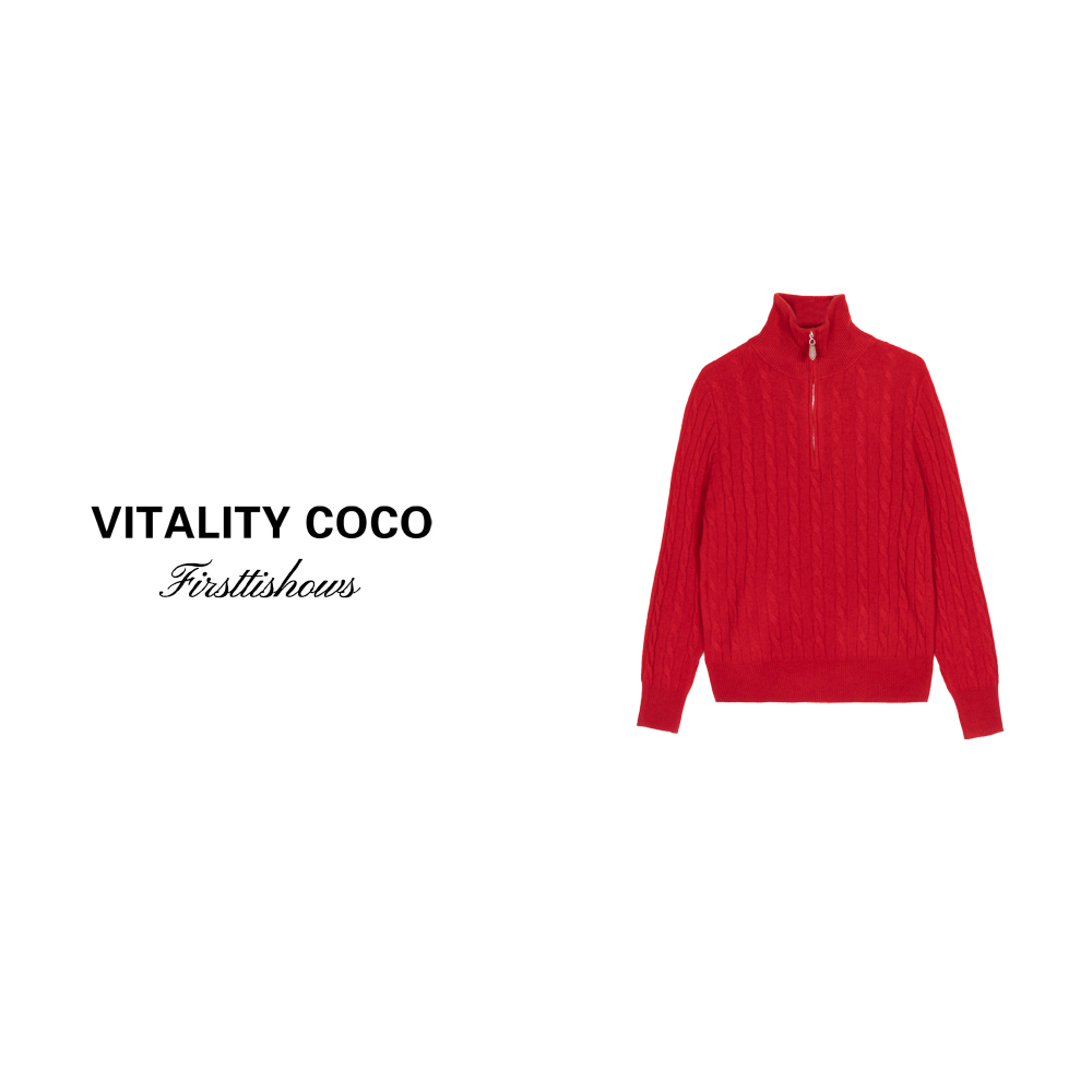 VITALITY COCO」24冬季上新休闲老钱风拉链麻花针织羊绒衫-1742