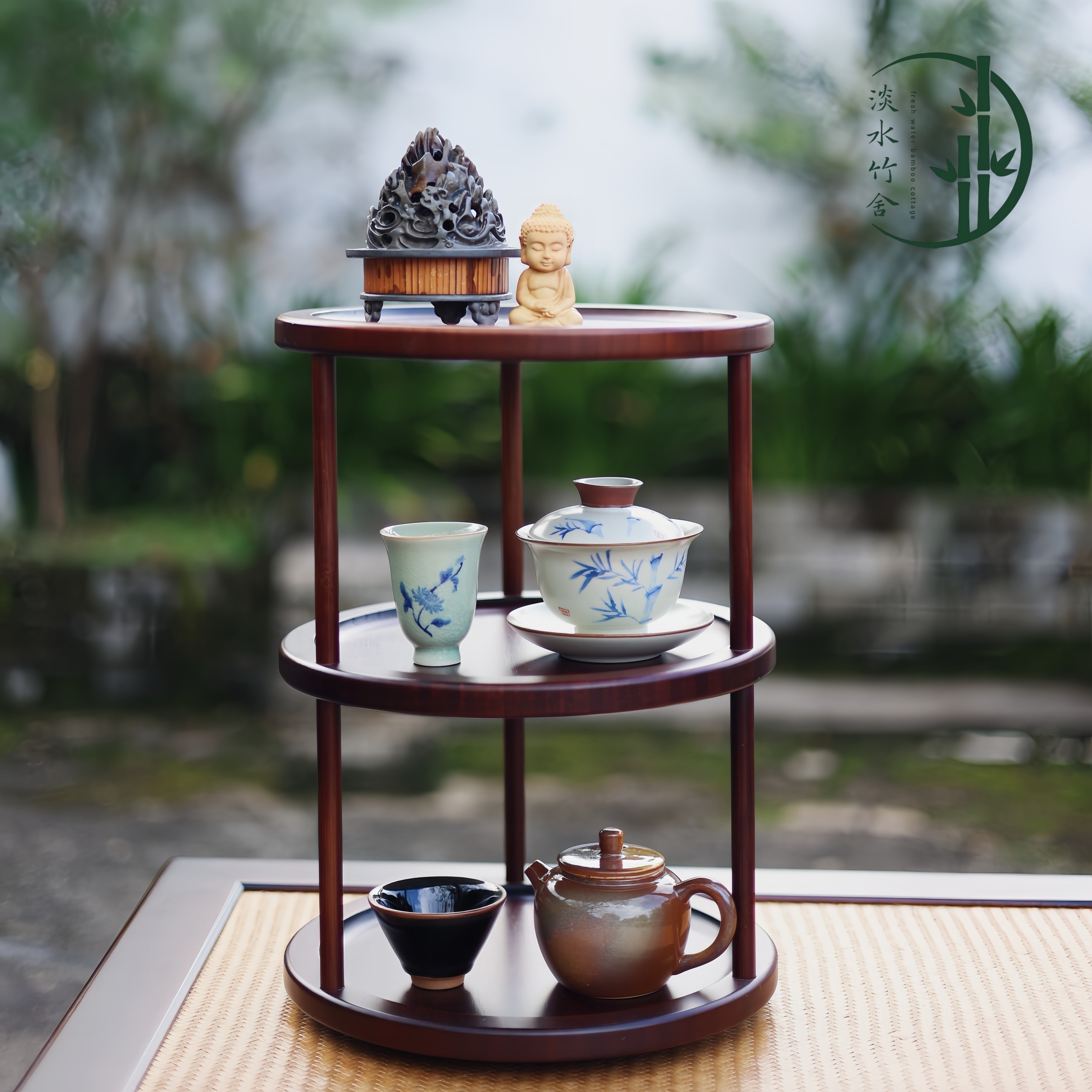 「三层春山」楠竹紫陶陶瓷手工茶壶架高档花几茶水博古收纳置物架