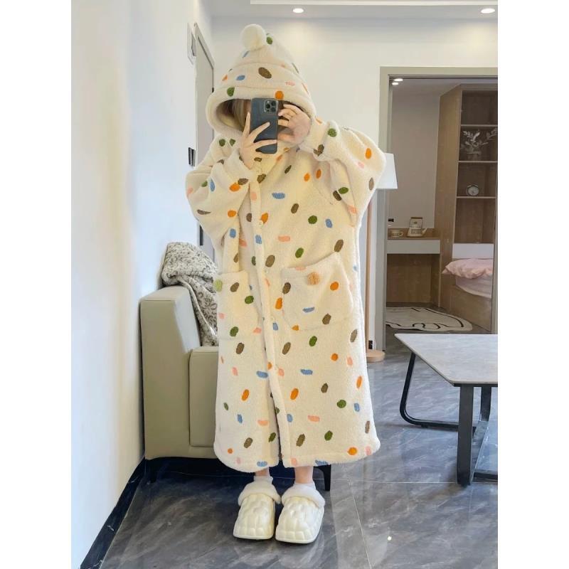 珊瑚绒睡袍冬季睡衣女新款加绒加厚长款秋冬天睡裙家居服套装浴袍