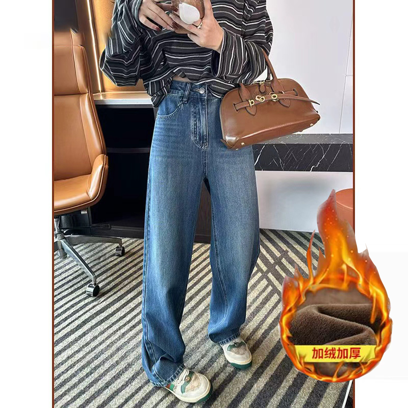 【冬款加绒防寒】·2025加绒高腰窄版显瘦直筒牛仔裤女百搭拖地裤女