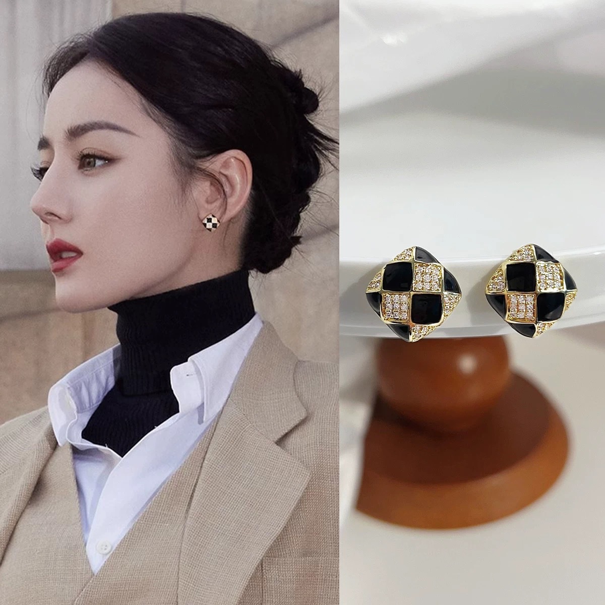 黑色菱形耳钉女 轻奢小众高级感百搭精致耳环 气质秋冬棋盘格耳饰