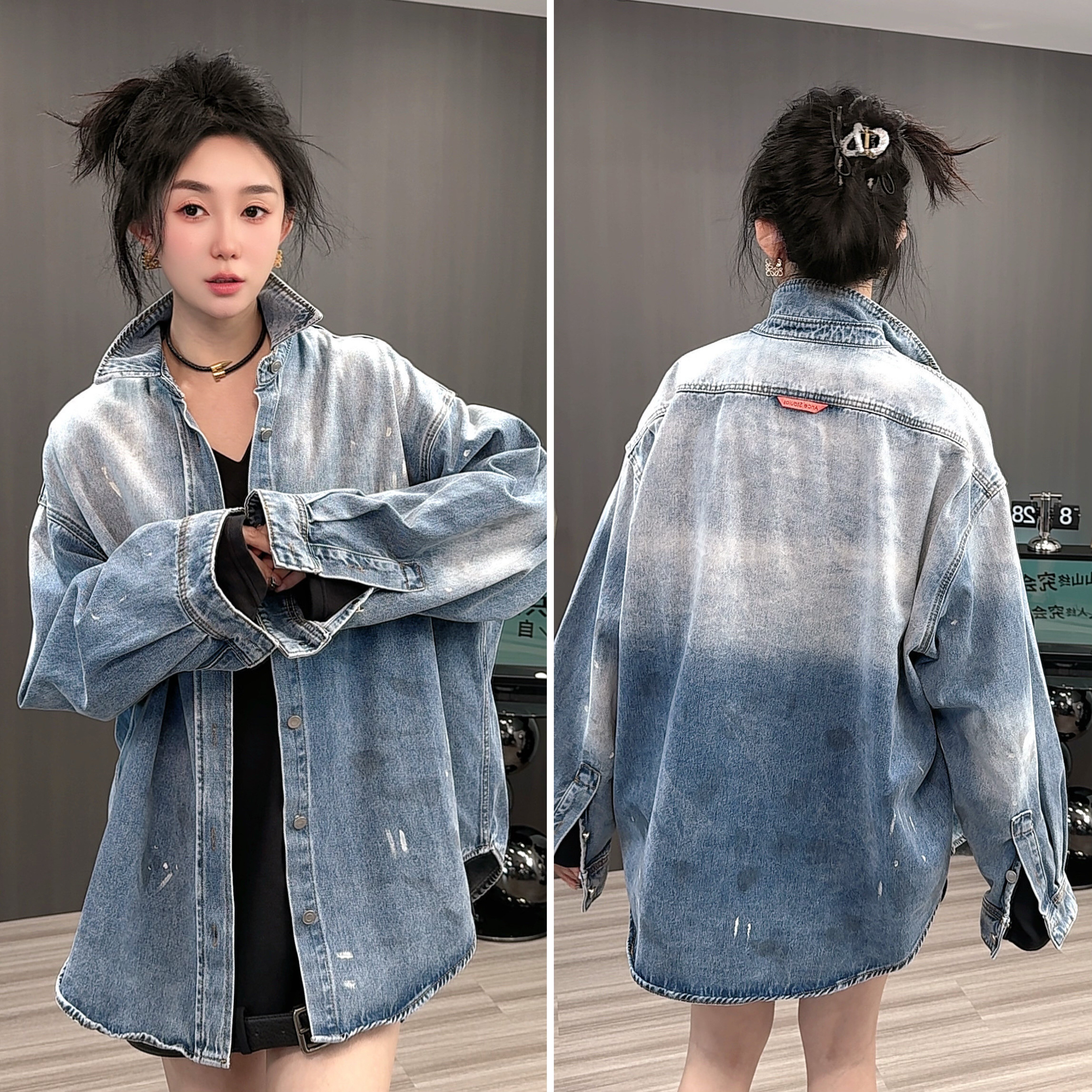 复古做旧磨破牛仔衬衫女2025秋新款设计感衬衣休闲宽松百搭上衣