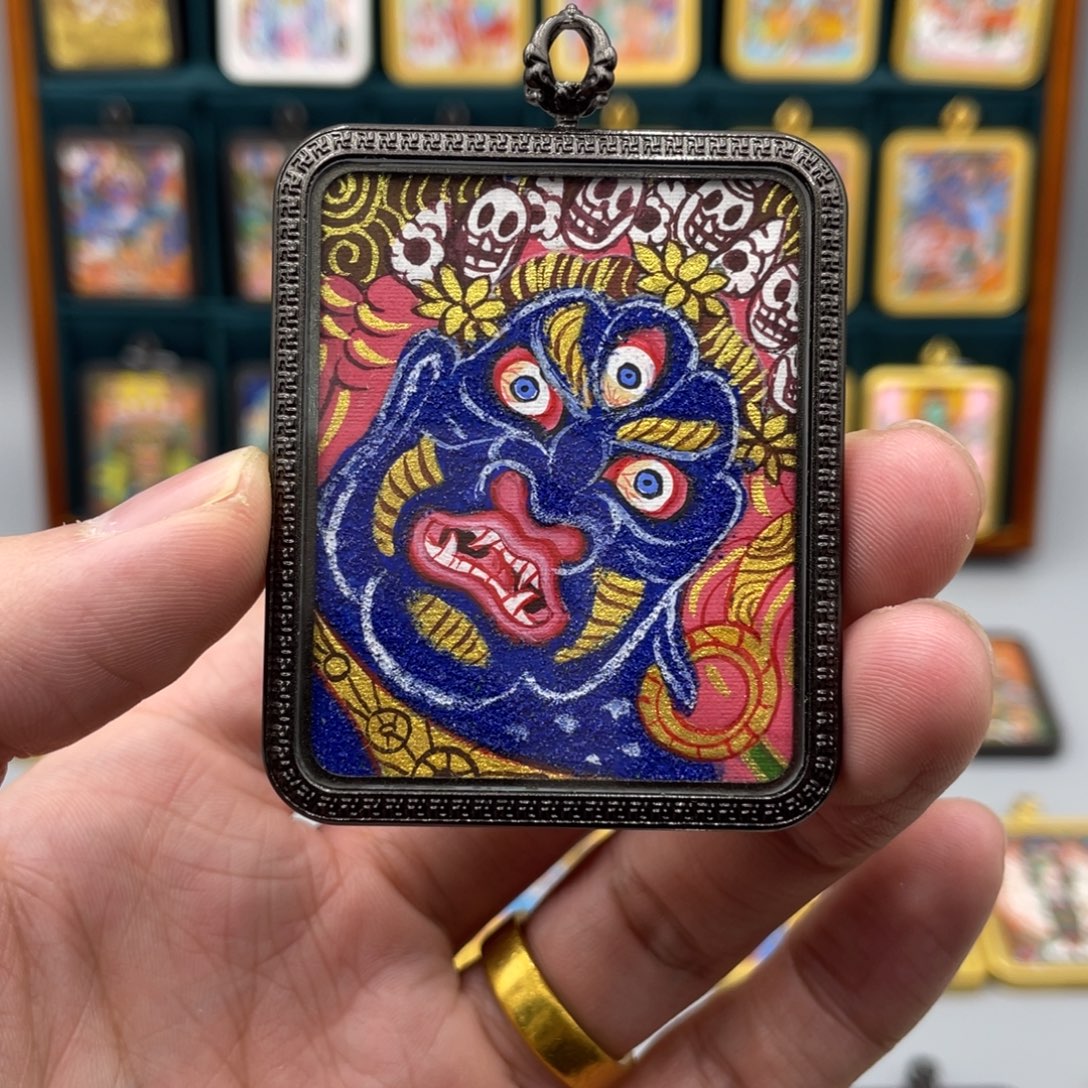 吊坠纯手绘藏卡大黑天面首黄财眼双面