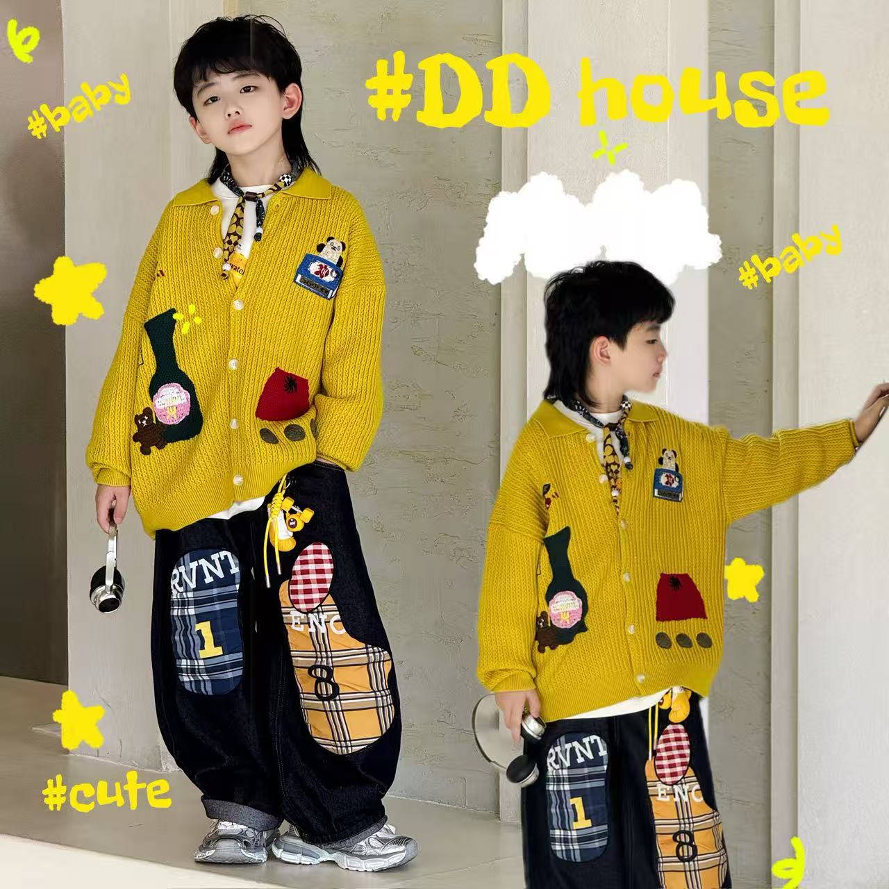 蛋蛋家【童话园游会】25234秋季新款儿童黄色刺绣小熊樱桃毛衣开衫