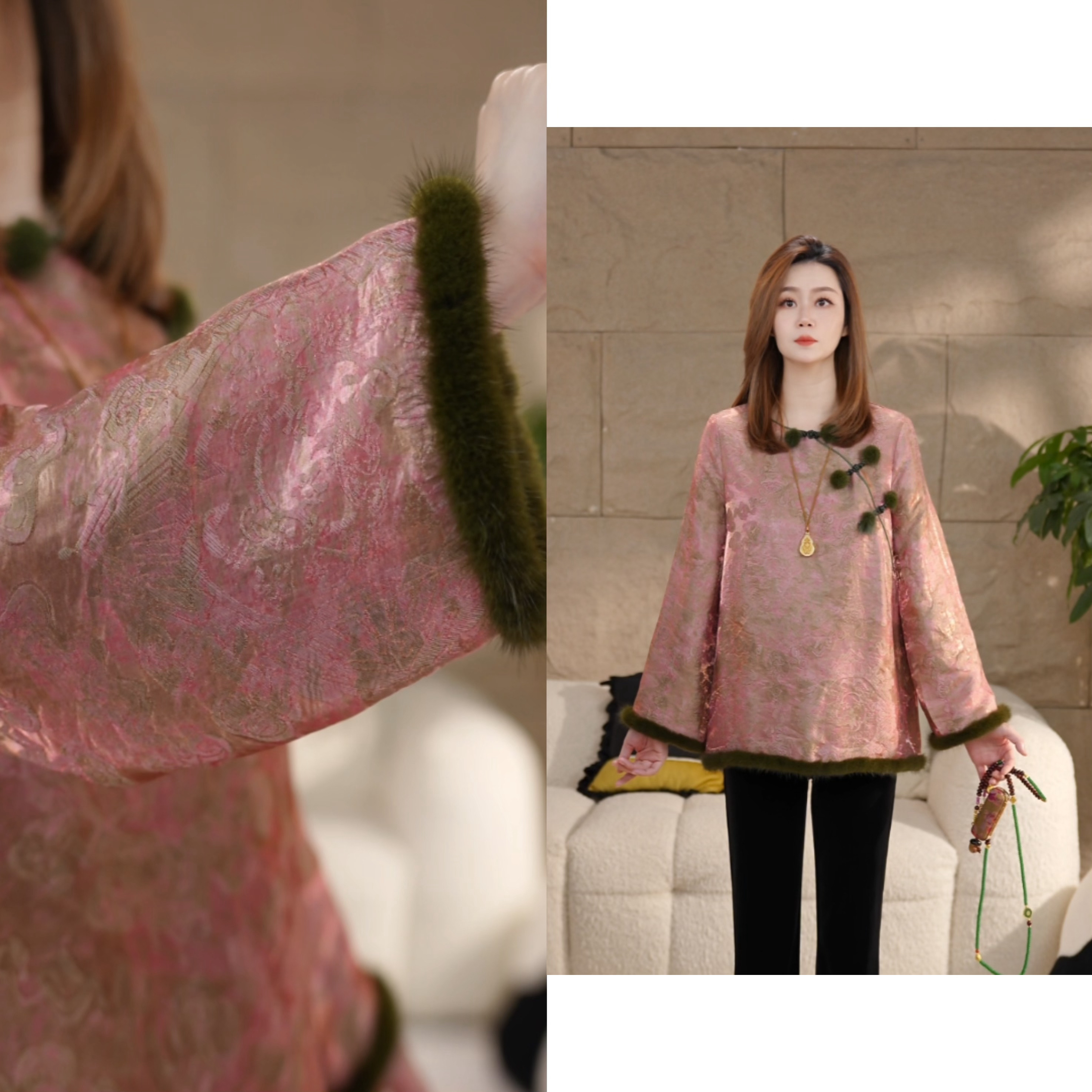 Miss.Z【豆蔻年华】秋冬国风织锦提花上衣拼接水貂毛衬衫#c9283