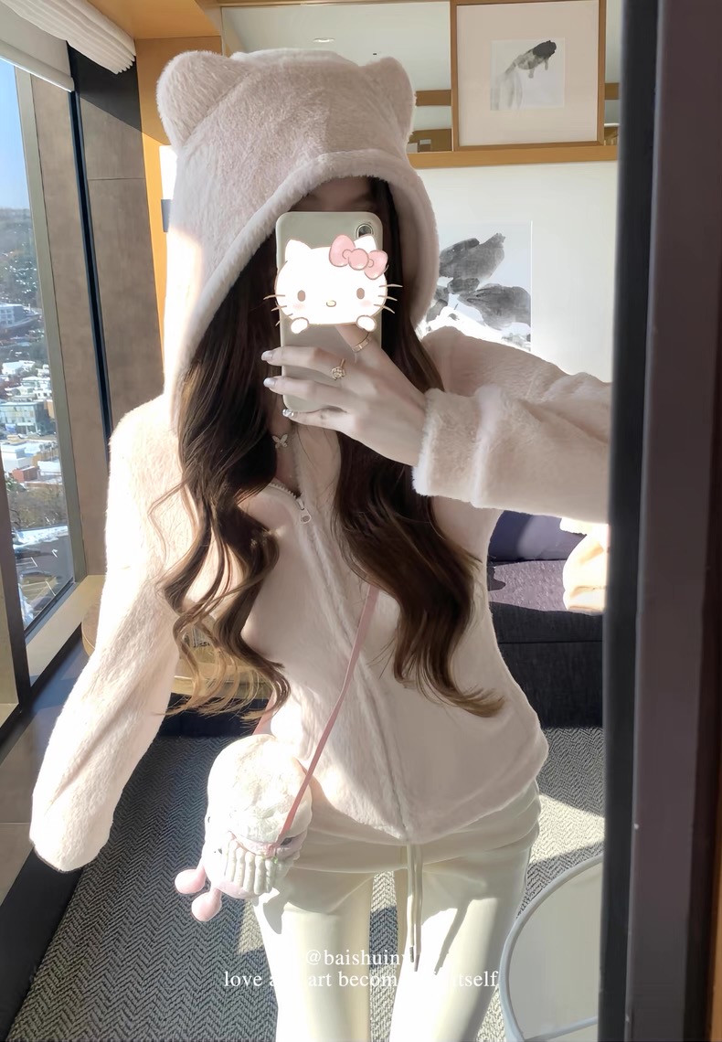【米妮】“软糯猫猫”毛绒粉色女秋冬设计感保暖毛绒外套