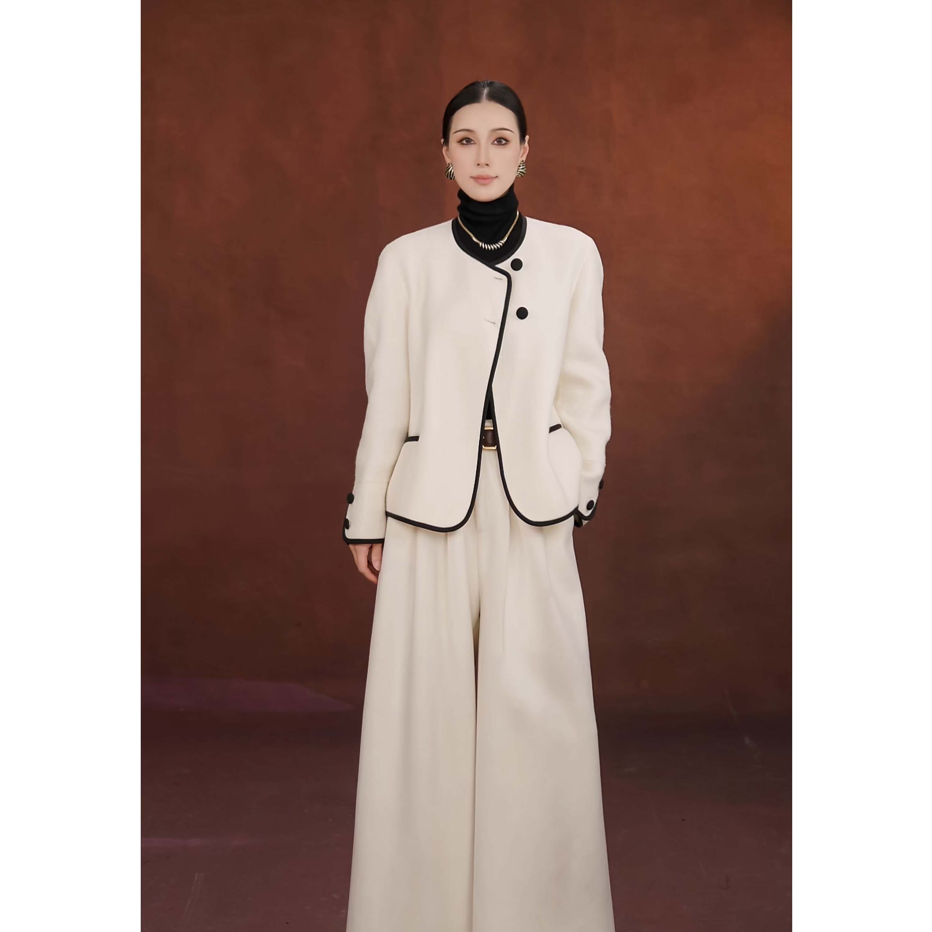 绵羊毛时尚秋季直下摆宽松气质小香风女圆领纯色毛呢外套