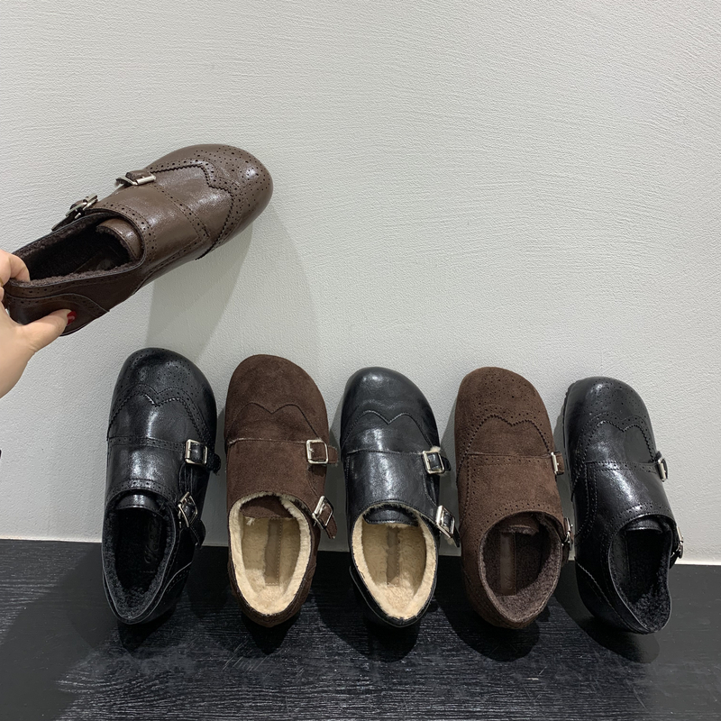 复古雕花保暖加绒乐福鞋女鞋秋冬棉鞋平底软底单鞋布洛克风小皮