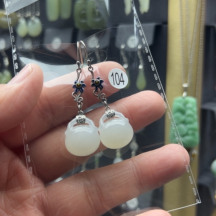 和田玉耳饰银S925镶嵌阡*合