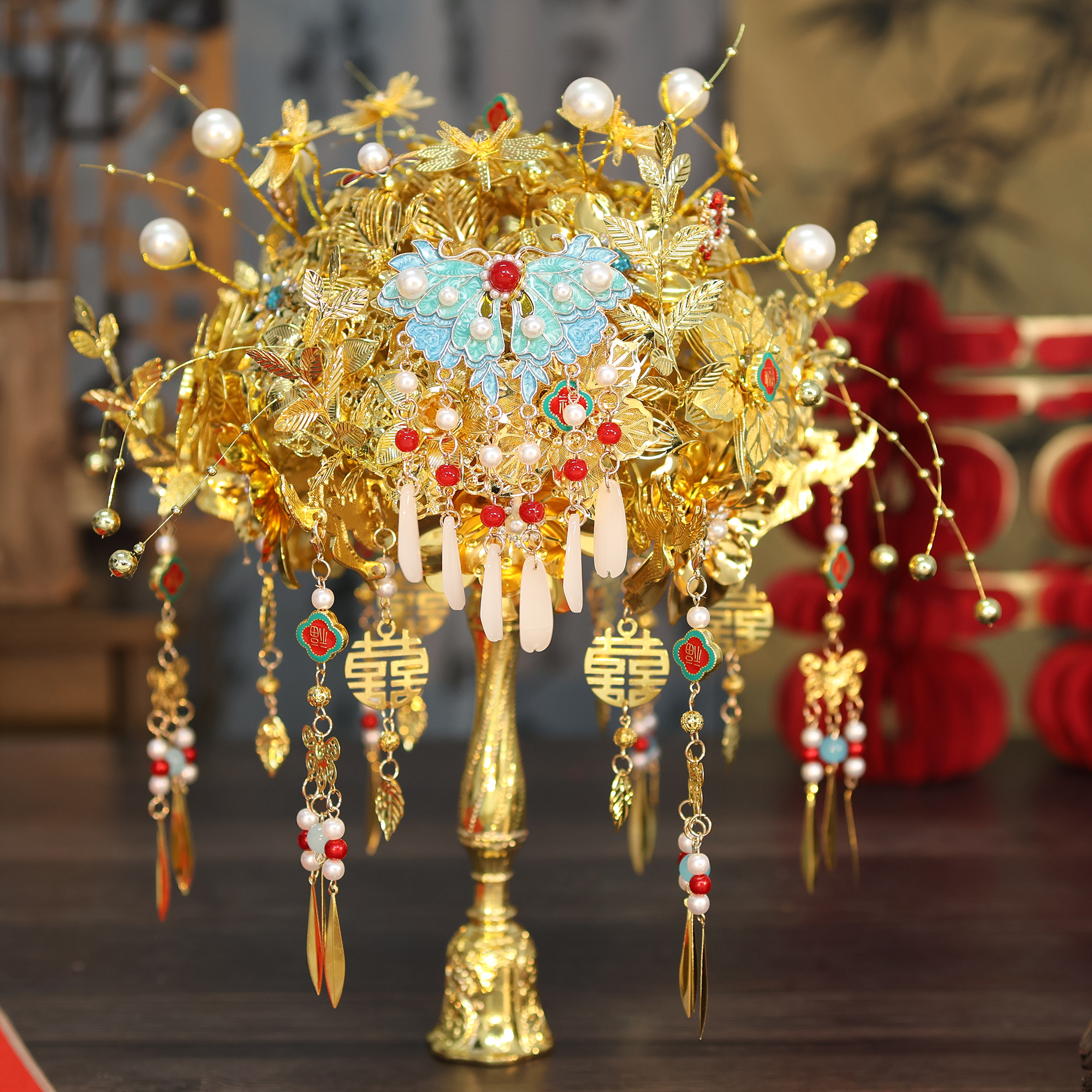 金色新娘结婚手捧花重工送闺蜜新婚礼物纪念意义鎏金蝶舞DIY成品