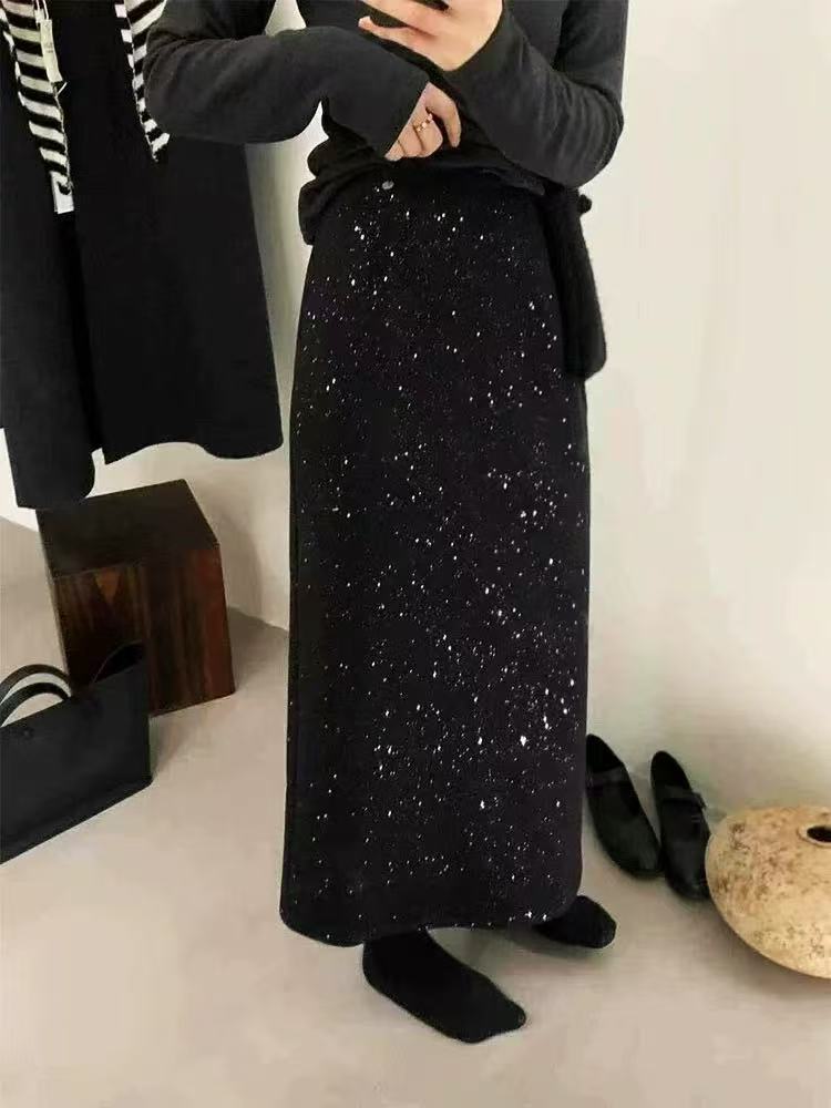 QIANRH-1504高腰A字裙显瘦直筒裙亮片半身裙秋冬时尚长款半裙