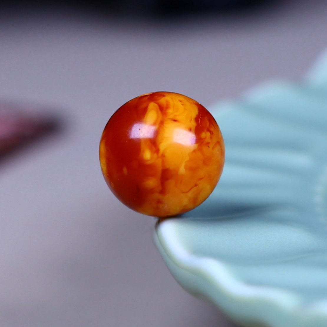 13.3mm老蜡圆珠，这枚好漂亮，花色蜡质都很棒上串效果很好，