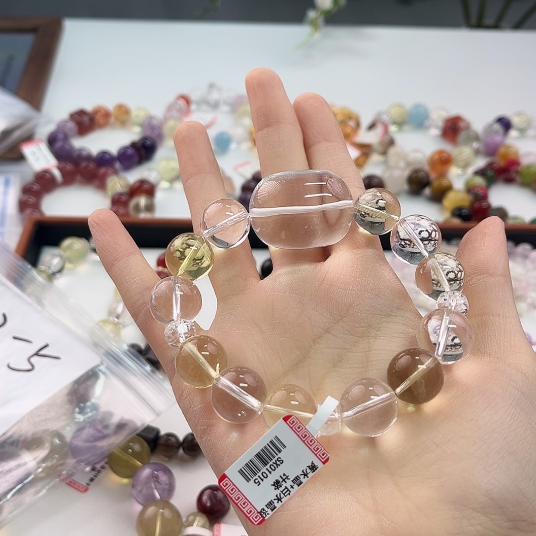 水晶手链未镶嵌黄水晶加白水晶设计款手串