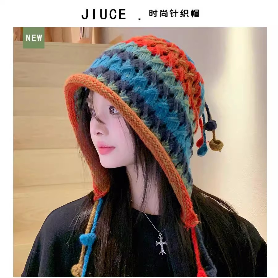打卡拍照网红流苏民族风秋冬保暖网红女士针织帽包头帽帽子条纹