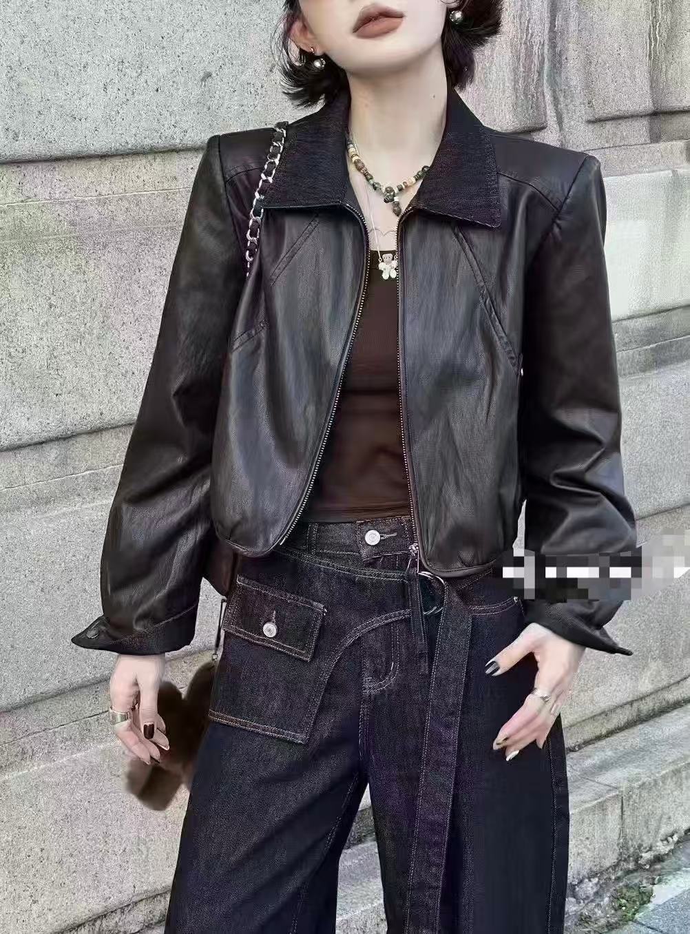 女短款韩版长袖东南亚风女士短外套网红皮衣短外套