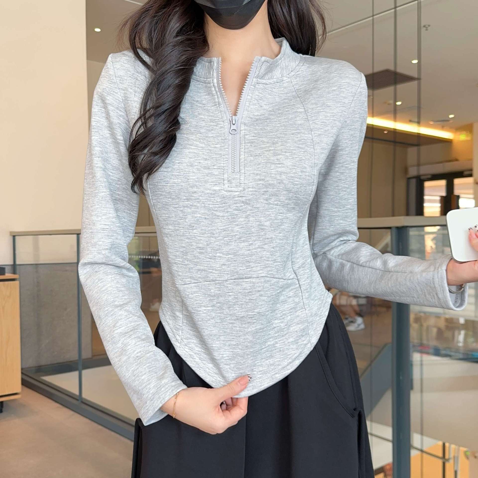 高品质空气层上衣韩版百搭柔软舒适春秋长袖收腰纯色T恤女