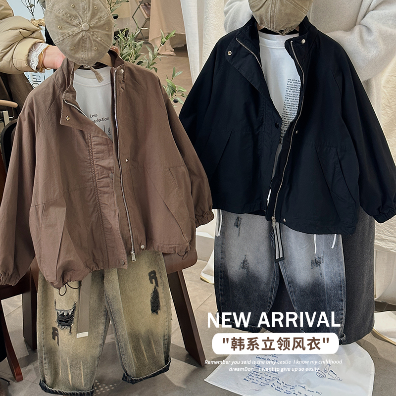 【反季清仓】WW17冲锋衣秋季儿童立领帅气拉链外套男童宽松休闲黑色