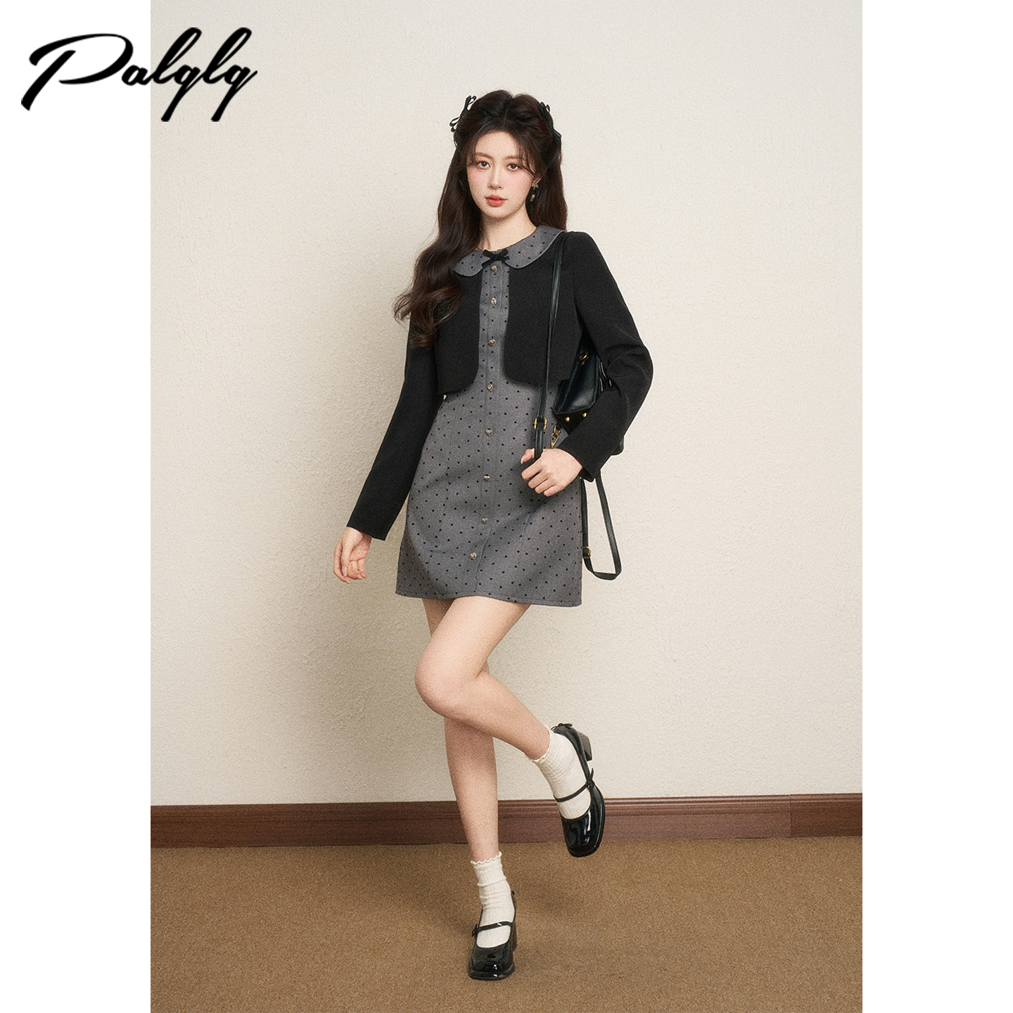Palglg法式miu系甜美风假两件灰色连衣裙女拼接a字裙子53PDA44520