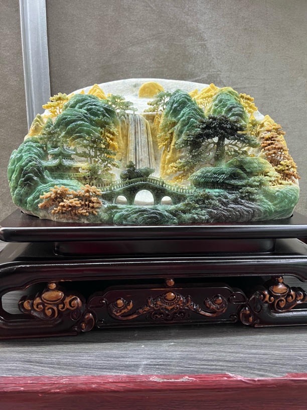 岫玉摆件意境山水玉石摆件客厅玄关博古架长46高32净长39高18