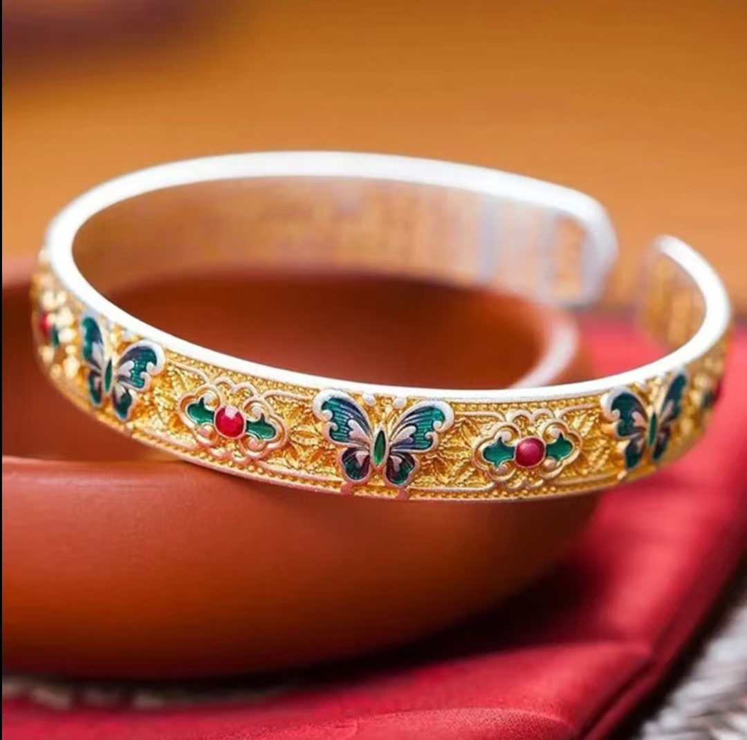 999.9新中式时尚轻奢气质描金珐琅彩蝴蝶实心开口手镯