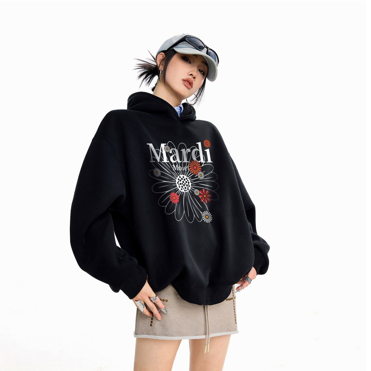 Mardi Moiety黑色连帽小雏菊美式卫衣外套女秋冬宽松慵懒风上衣