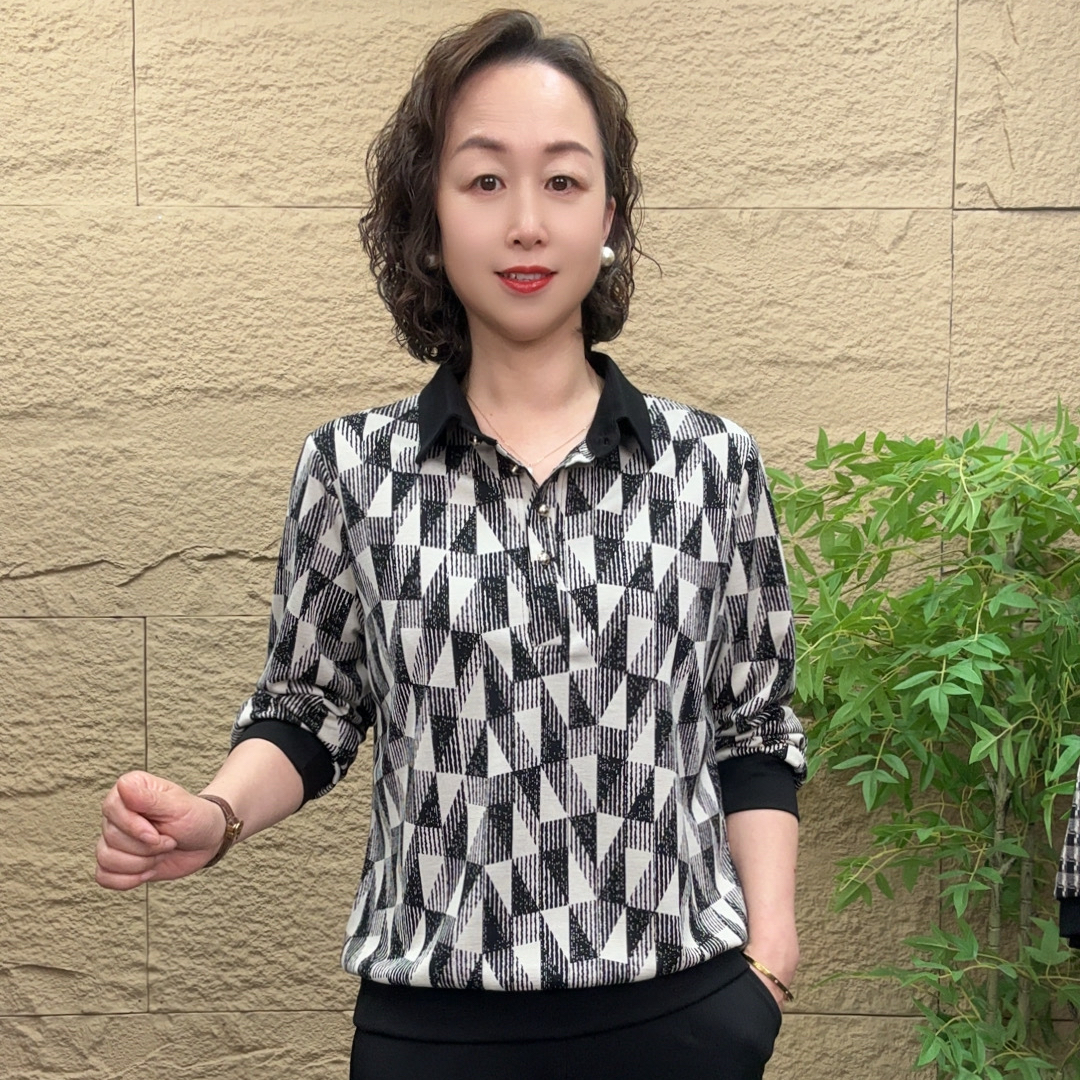 妈妈装秋季时尚漂亮小衫宽松减龄流行潮牌衬衣领弹力休闲百搭上衣