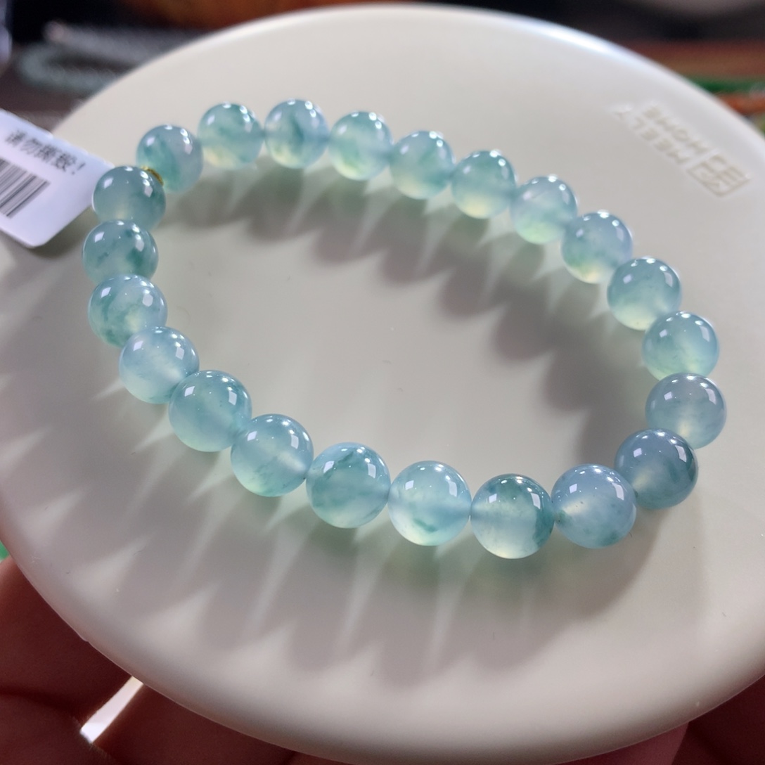 翡翠未镶嵌手链翡翠果冻胶底冰蓝底飘蓝花卡8.10～8.40+ 