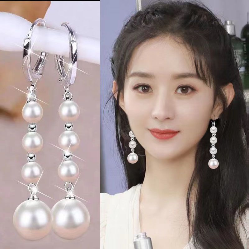 铜合金耳饰 时尚气质珍珠耳环长款防过敏大气圆脸优雅耳饰品耳扣