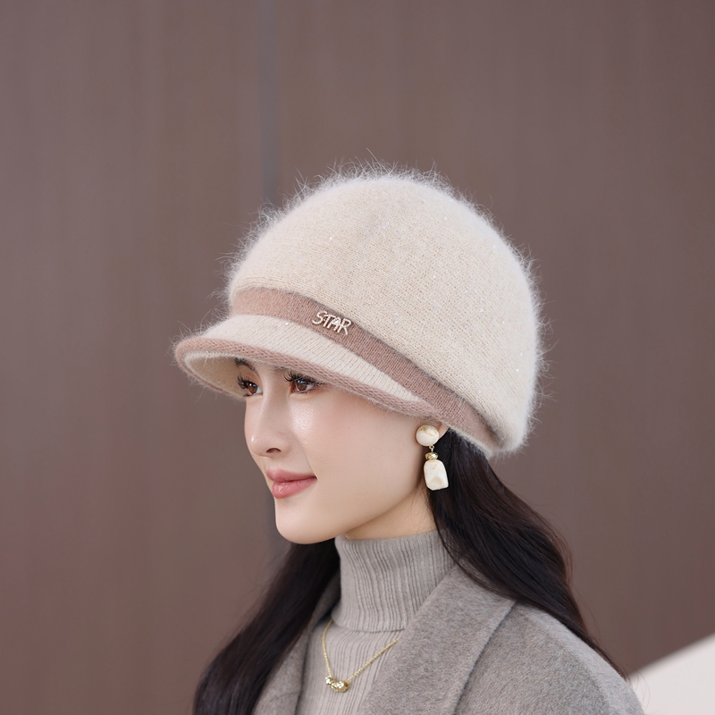 针织帽秋冬帽子赫本风褶皱渔夫帽中老年贝雷帽女士亮片兔毛防风帽