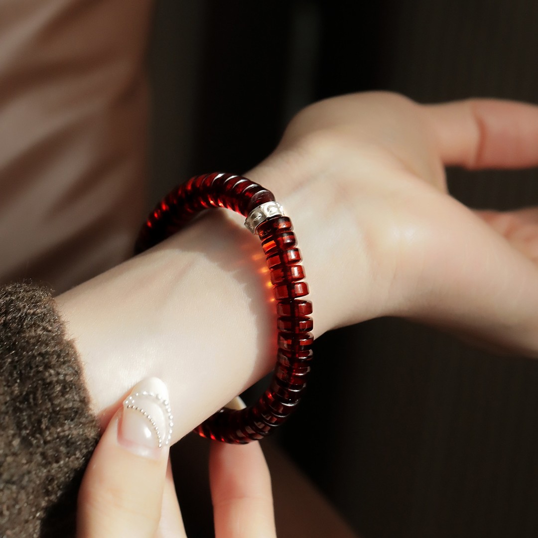 S12273  s925银血珀车轮珠佛眼圆环弹力手串复古百搭民族风单圈