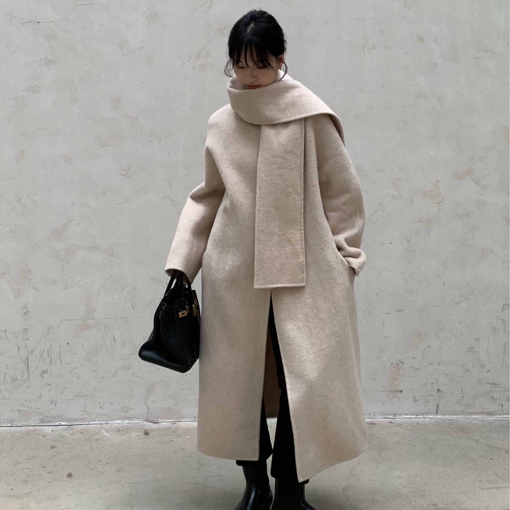 4055大围巾中长款过膝双面羊毛大衣外套