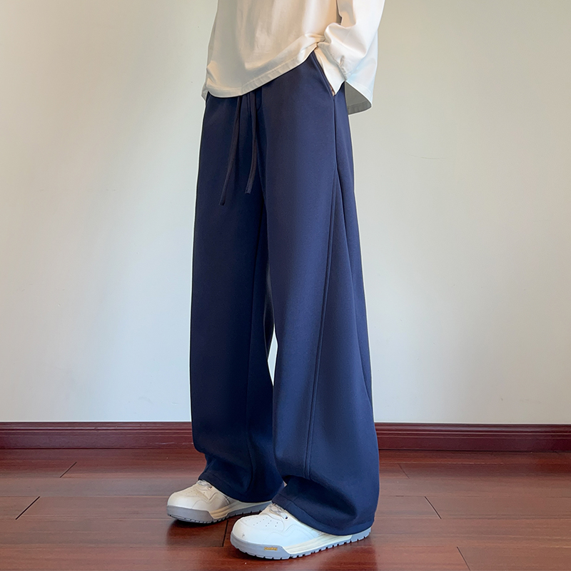 男士弯刀秋冬季长裤子宽松加绒加厚卫裤简约纯色休闲裤美式阔腿潮