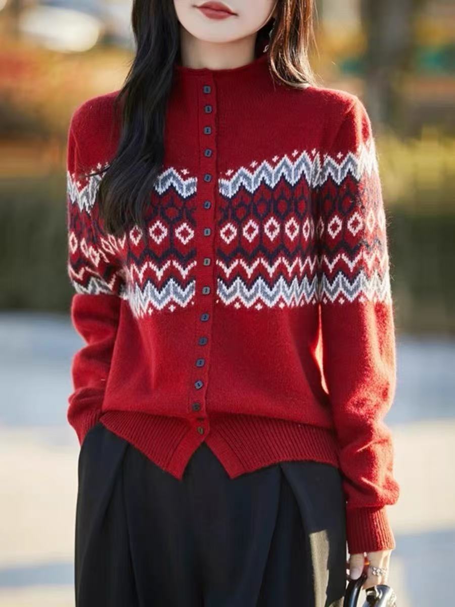 秋冬新款针织羊毛衫费尔岛提花撞色外搭开衫半高领复古外套上衣潮