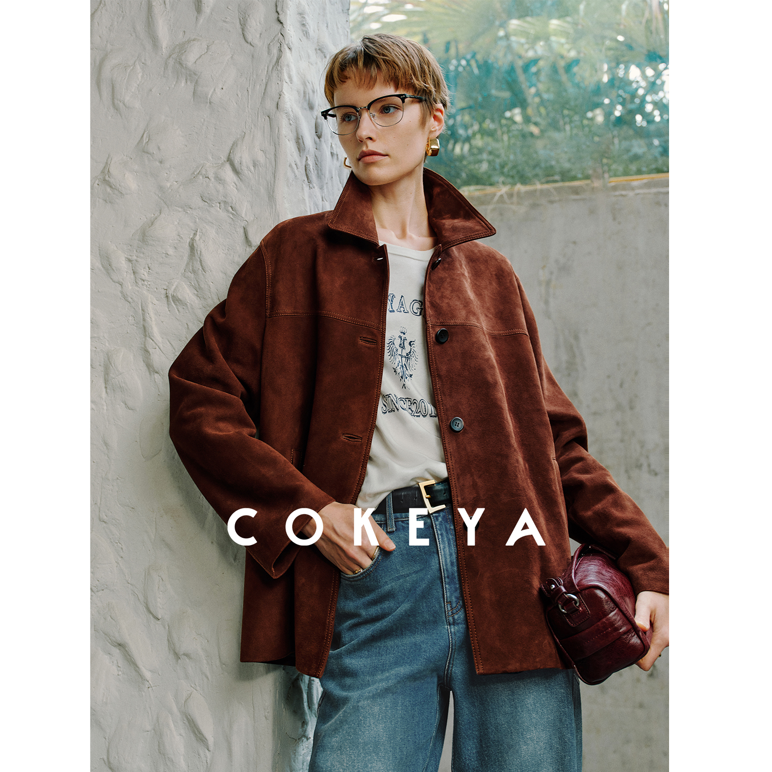 COKEYA/曼哈顿之夜~雾面植鞣羊反绒羊皮廓形翻领中长款皮衣外套女