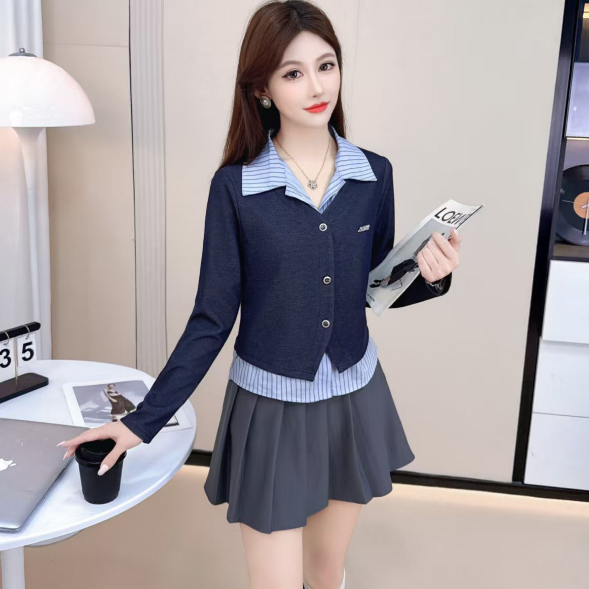 8901#(衣长56)假两件针织衫拼接条纹POLO领上衣洋气显瘦衬衣