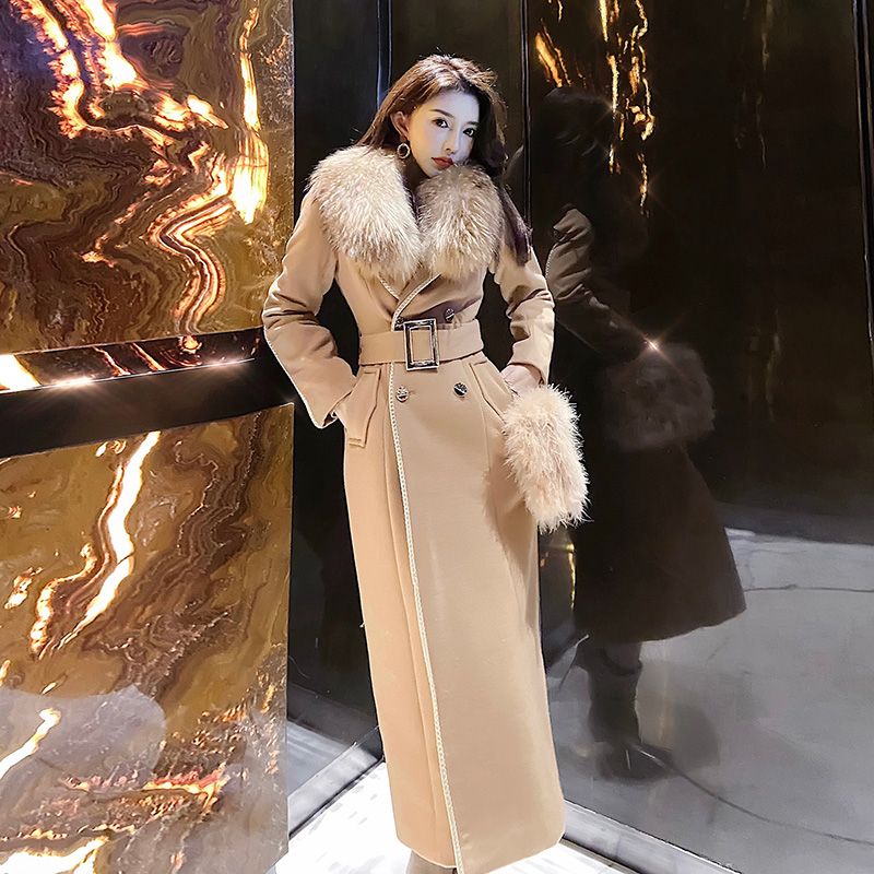 驼色毛呢大衣女子毛领中长款修身加厚保暖名媛气质冬季呢子外套