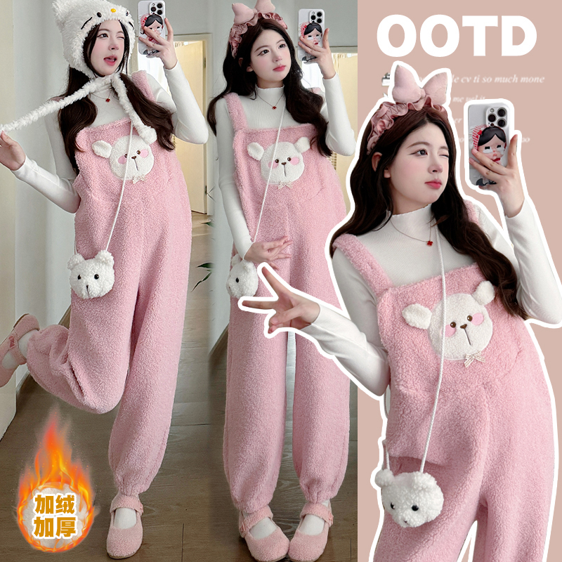 2025孕妇装秋冬款可爱减龄羊羔毛加绒加厚背带裤连体裤两件套装