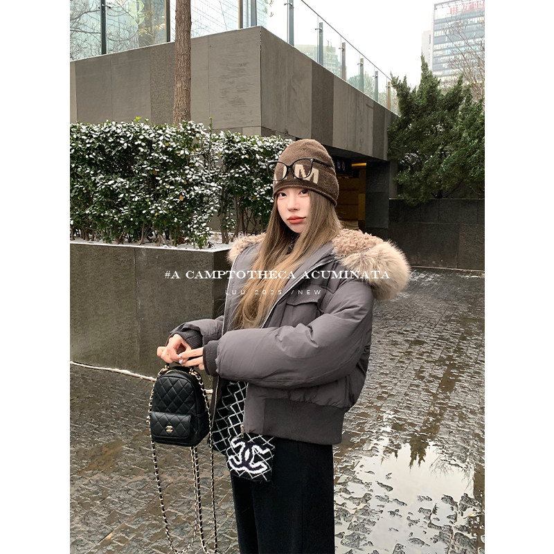 LUU桃喜儿/新国标！90白鸭绒毛领短款连帽羽绒服外套女冬设计感