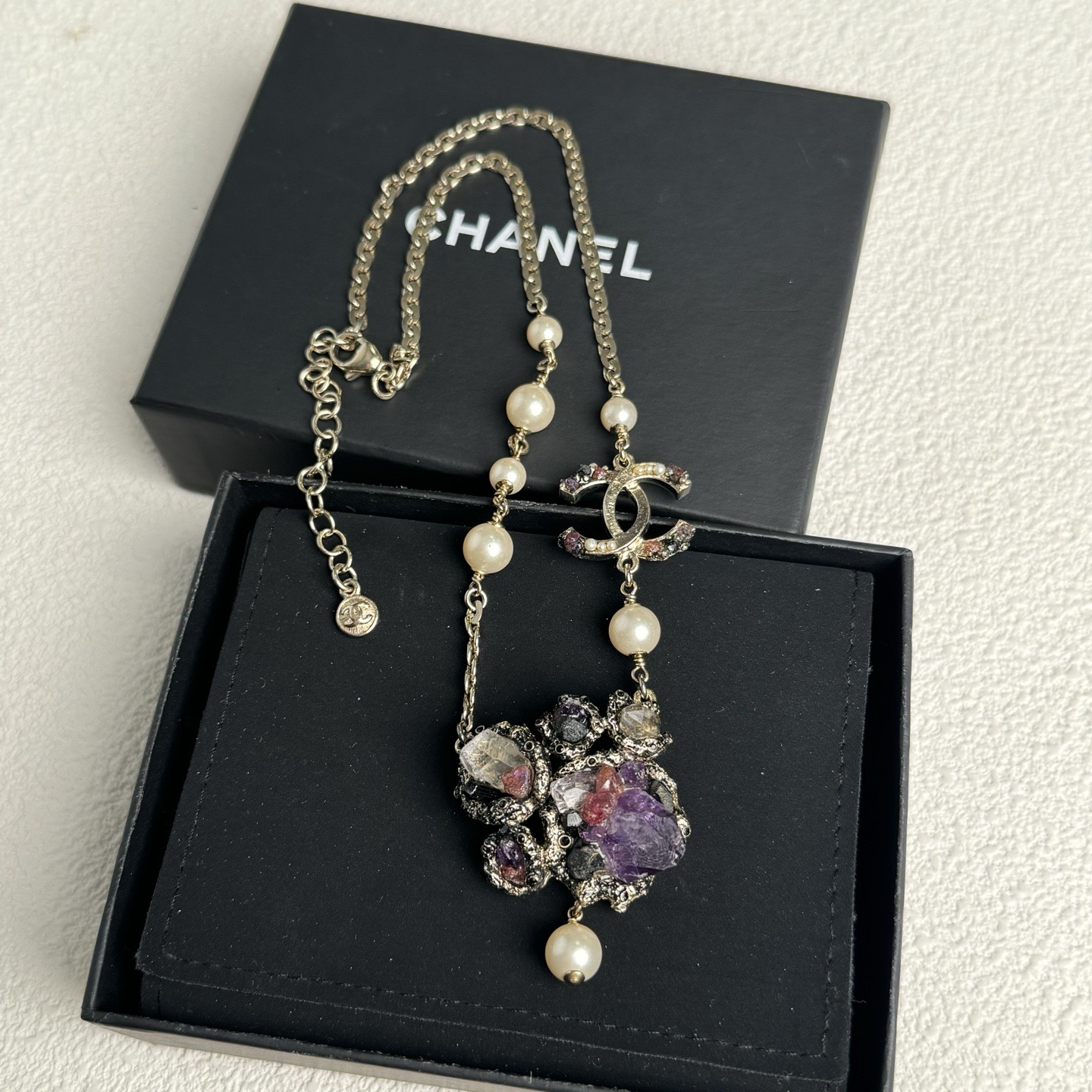 95新 Chanel/香奈儿 泡泡中古Chanel紫水晶珍珠项链