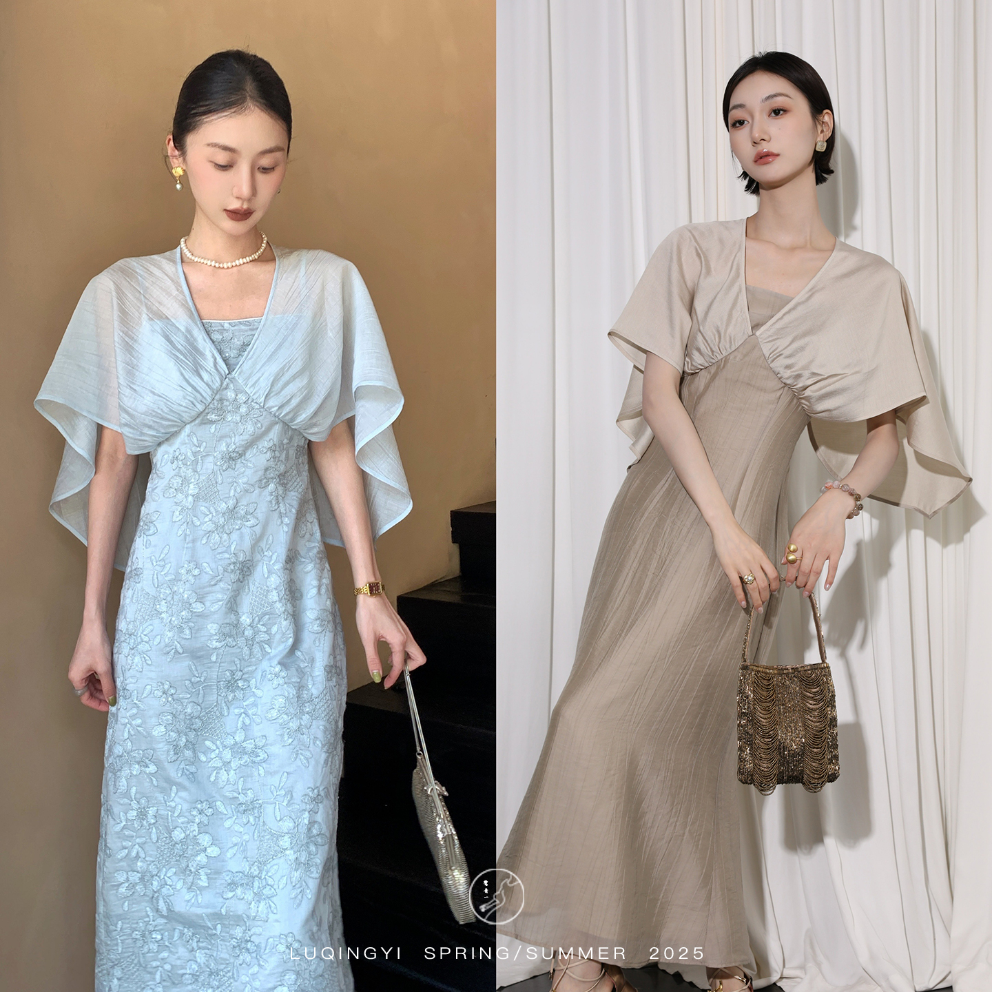 鹭青一原创【疏帘】莱赛尔垂感重工绣花拼接两穿连衣裙L25L1037L