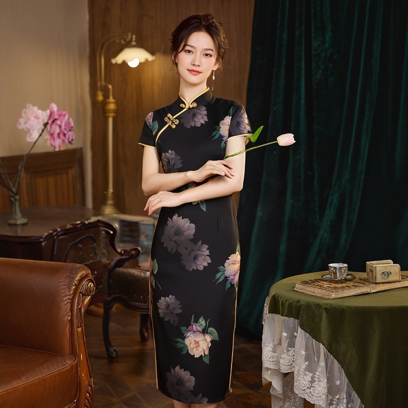 旗袍2025年新款改良女夏款年轻款文艺印花日常旗袍式连衣裙中国风
