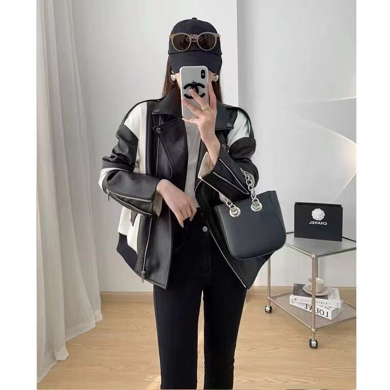 D25 122705 (微晕染无售后)拼色皮衣外套女新款韩版宽松皮衣