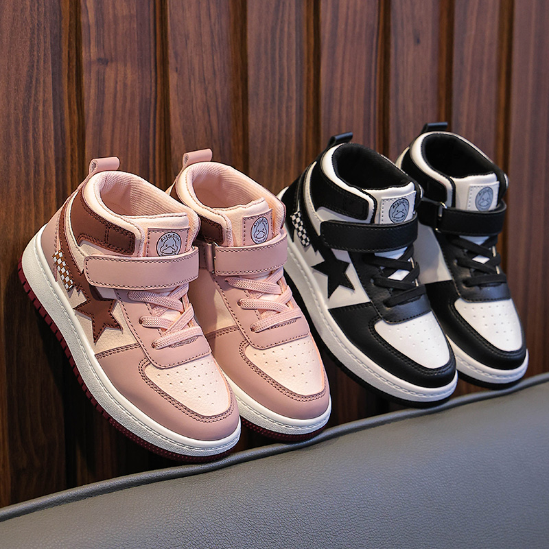 儿童高帮鞋男女童鞋春秋软底中大童板鞋防滑防水皮面休闲鞋潮