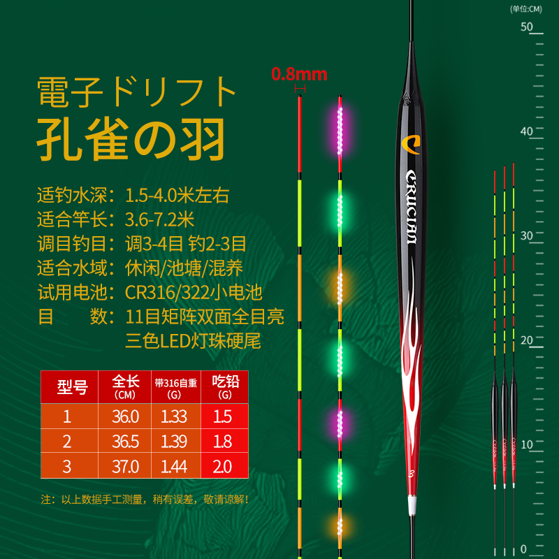 日本进口孔雀羽日夜两用电子漂光纤月光尾醒目硬尾可调变色尾