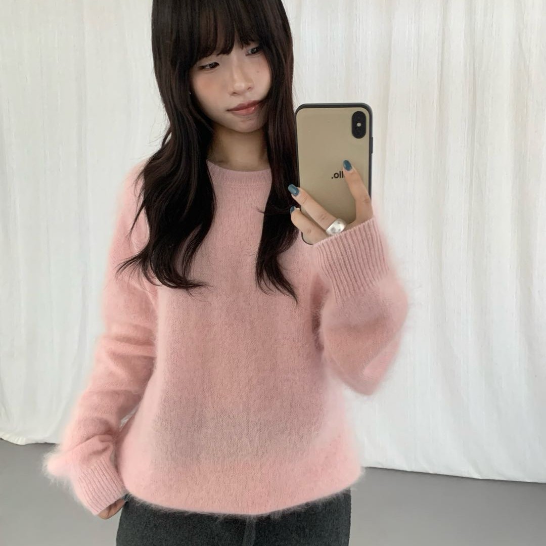 丫丫精选--拉绒长毛绵羊毛圆领宽松纯色厚款百搭打底针织衫冬季