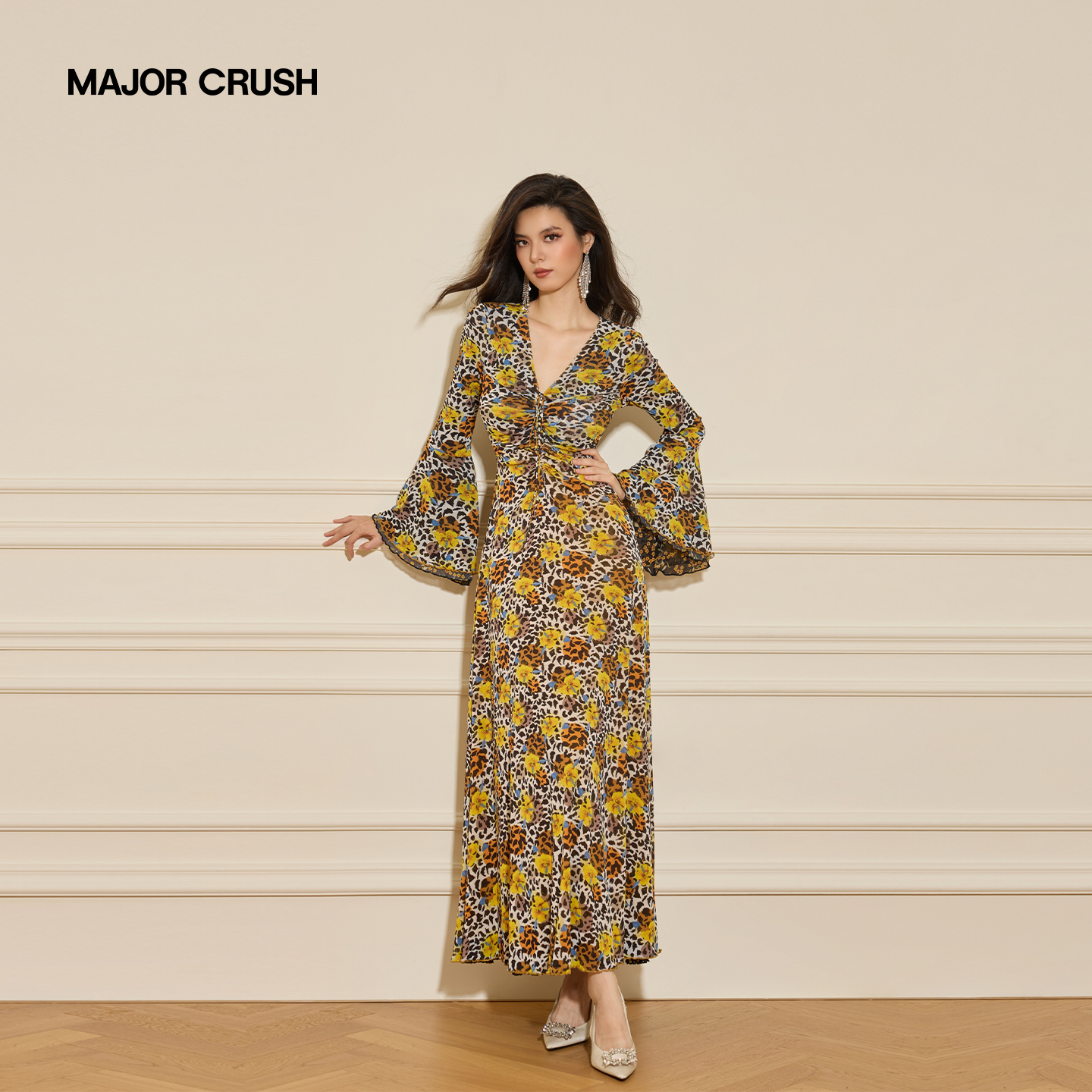 MAJOR CRUSH早秋花野暮橙喇叭袖连衣裙两面可穿设计感优雅7580